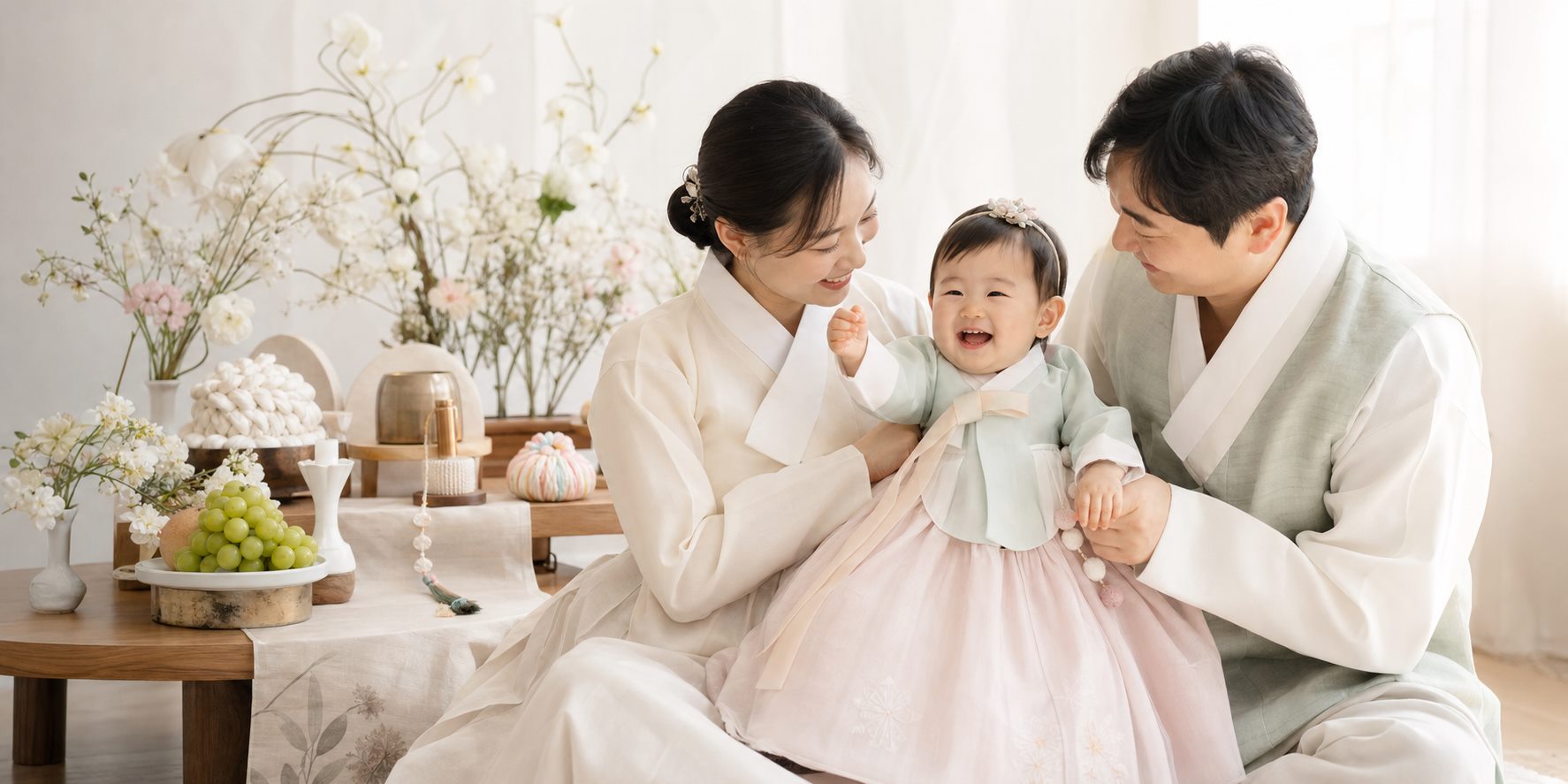 밝은 돌상 앞에서 웃고 있는 엄마 아빠와 아기